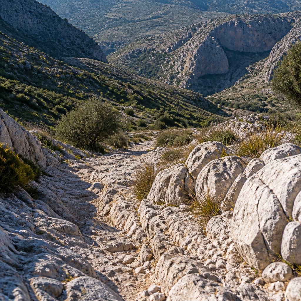 Sendero calizo que conduce desde La Nava hacia el cañón del Bailón.