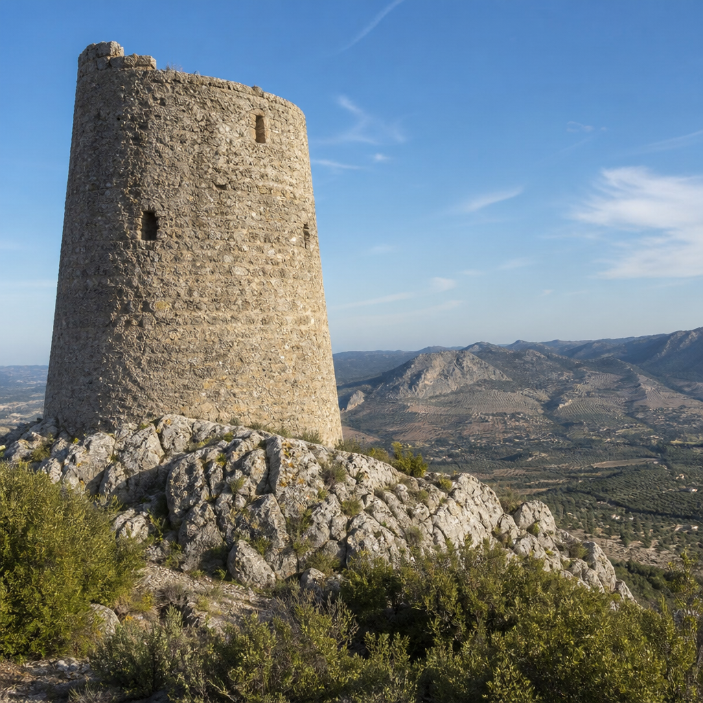 Torre de Uclés sobre un crestón calizo, con el valle al fondo.