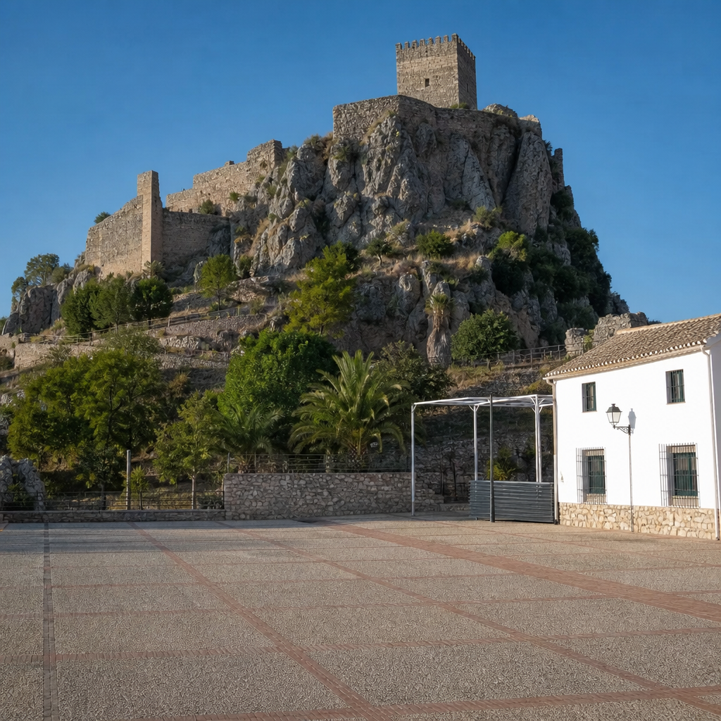 La Plaza del Castillo y la fortaleza de Zuheros al fondo.